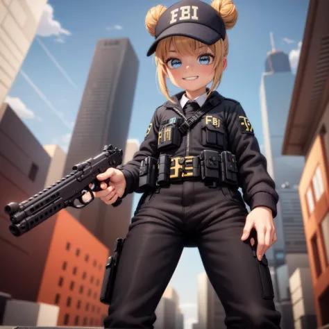 (3d, render, photorealistic),((realistic)),masterpiece, best quality, 1girl standing, cute, black jacket, fbi agent, black fbi c...