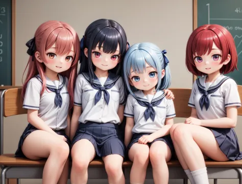 (3d, render, photorealistic),((realistic)),masterpiece, best quality, group photo, multiple girls, happy,5girls sitting on table, school girls, school uniform, hair ribbon, red hair, blue hair, black hair,short hair, long hair, leaning againts each other,(cuddling), school, table,small breasts, large breasts, flat chest, brown  eyes, smiling