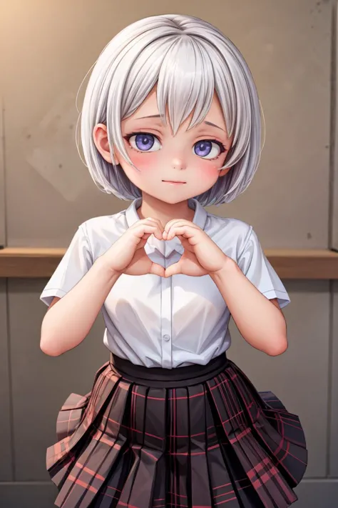 (masterpiece, best quality), 1girl, beautiful face,  <lora:heart-hands:1> heart hands, own hands together, short hair, white shirt, pleated skirt,