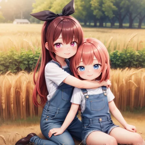 (3d, render, photorealistic),((realistic)),masterpiece, best quality, 2girls sitting on fence, hugging, cute, pink eyes, blushin...