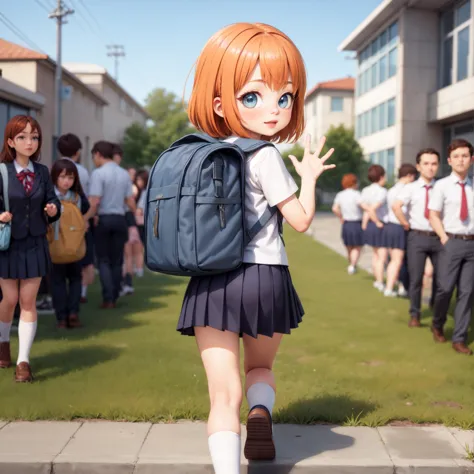 ((3d, render)),(((realistic))),masterpiece, best quality, 1girl running,from behind, school girl, cute, slim, school uniform, white shirt, skirt,school backpack,looking at viewer, school building, gate, school grounds, grass, pavement, happy, big eyes, waving, pov hands,  ((people in backgorund, crowded)),multiple people, orange hair,