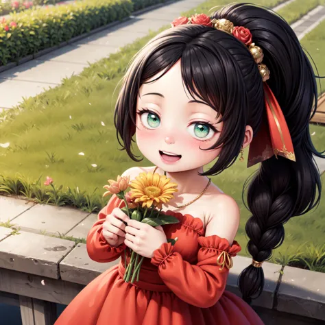 (3d, render, photorealistic),((realistic)),masterpiece, best quality, 1girl standing , cute, sidelocks, long hair, curly hair, big hair, (red dress), smiling, (blushing),green eyes, black hair, single long braid, ponytail, outdoors,flower garden, flowers, petals particles,hair ribbon, cross pendant, hairband, happy, open mouth, small eyes, detached sleeves, holding skirt, looking at viewer, holding flower
 <lora:Jlullaby:1>