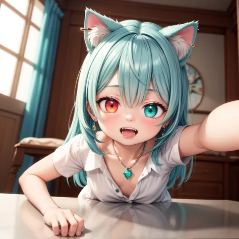 (3d, render, photorealistic),((realistic)),masterpiece, best quality, 1girl, portrait,close up, detailed face, cat ears, cat girl, necklace, open mouth, teeth, fangs, perspective,flat chest, cute, happy, shirt, buttoned shirt, neon hair, multicolored hair,red hair,green hair, gem pendant, heterochromia,home, living room, window, earrings