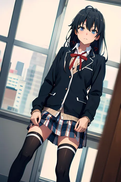 anime girl in school uniform standing in front of a window