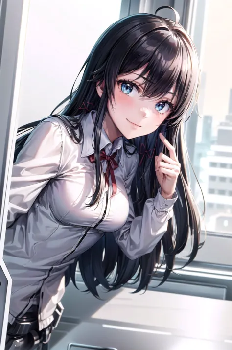 anime girl with long black hair and blue eyes posing in front of a window