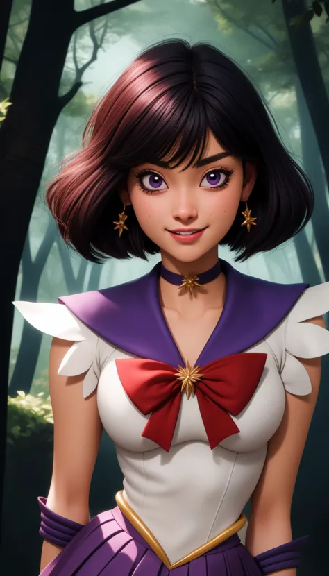 hotarutomoe, 1girl, solo, purple eyes, black hair, short hair, bangs,
sailor senshi uniform, pleated skirt, purple skirt, miniskirt, elbow gloves, white gloves, gold tiara, purple choker, purple  sailor collar, red bow,
smile,closed mouth,cowboy shot,upper body,hands behind back,
forest,outdoor,
(insanely detailed, beautiful detailed face, masterpiece, best quality) cinematic lighting,<lora:Sailor_Saturn_v1:1>, <lora:more_details:0.3>,