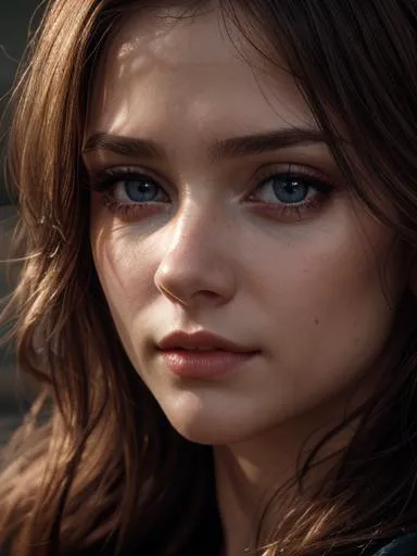 a close up of a woman with long hair and blue eyes