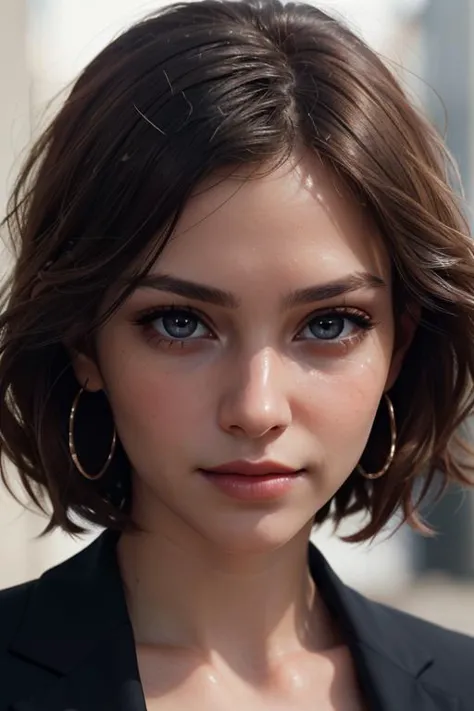 a close up of a woman with a black jacket and earrings