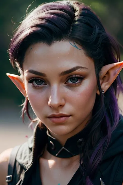 a close up of a person with purple hair and a elf's ears