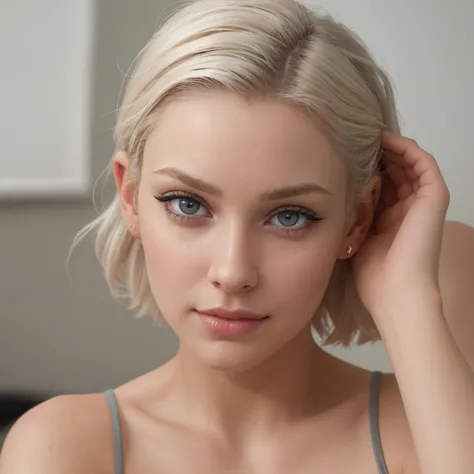 a close up of a woman with blonde hair and blue eyes