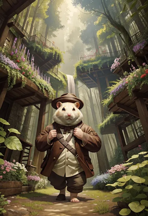 a painting of a mouse in a suit and hat standing in a forest