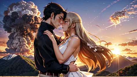 a couple kissing in front of a volcano with a sunset in the background