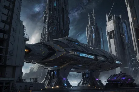 spaceship in a futuristic city with a futuristic building in the background