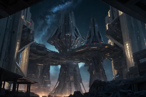 a large futuristic city with a massive structure in the middle