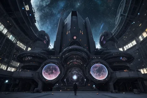 a man standing in front of a futuristic building with a giant spaceship