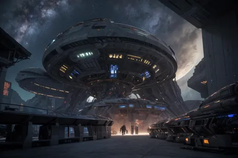 a group of people standing in front of a spaceship in a sci - fi environment