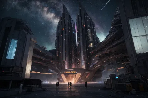 a group of people standing in front of a futuristic city