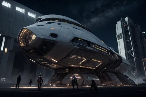 a futuristic spaceship is shown in a futuristic city at night