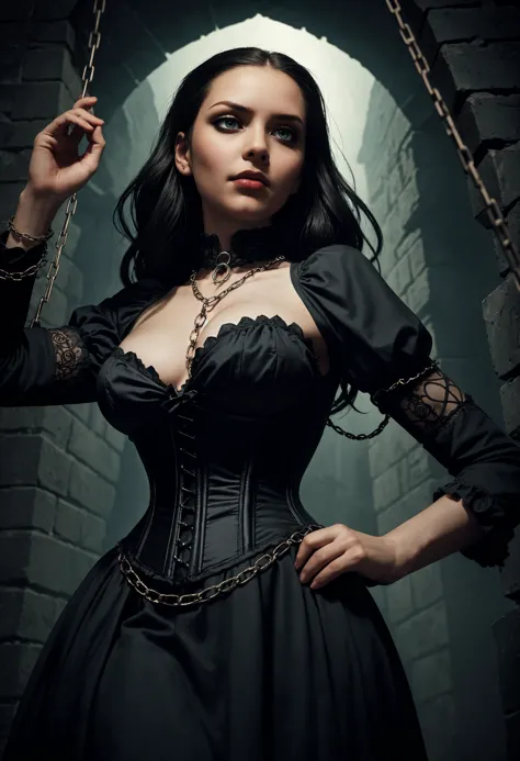 a woman in a black dress holding a chain in a dark room