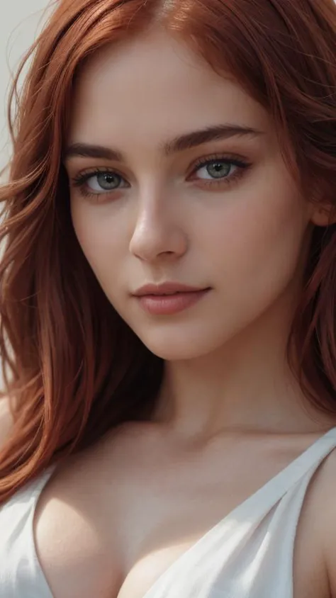 a close up of a woman with red hair and a white dress