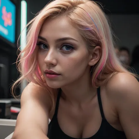 a close up of a woman with pink hair and a black top