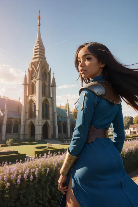 a woman in a blue dress standing in front of a castle