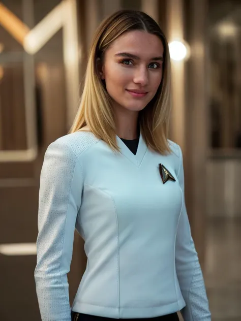 PA7_Photo, PA7_Human-Likeness, 24 yo beautiful (blond woman), adorable smile, short wavy blonde hair, slight smile, (white snwnrs uniform, badge:1.3), black pants, elegant room<lora:STSNW1024:0.8>PA7_Portrait-MCU, (white sleeves)