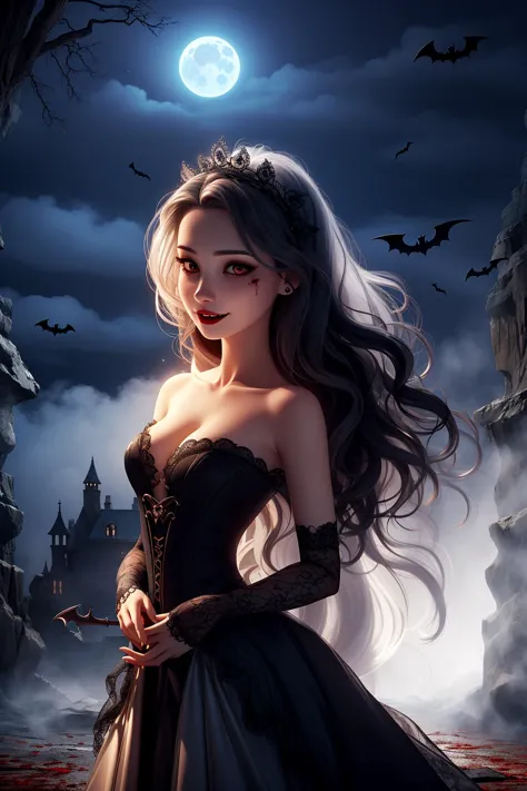 masterpiece, best quality, cute, female, vampire, fullmoon, Halloween, spooky, gothic, horror, fantasy, supernatural, fangs, blo...