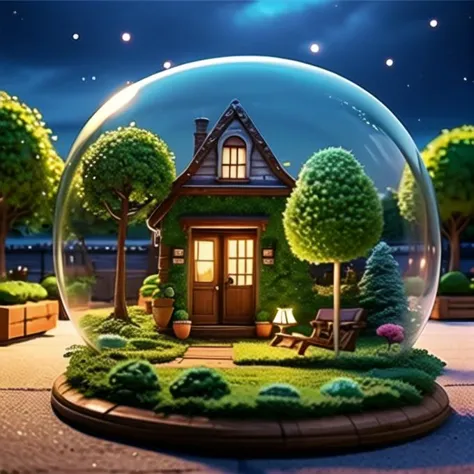 mini house, landscape, old fashion, nature, night light, a bubble, in the bubble, high detailed, masterpiece, best quality, <lor...