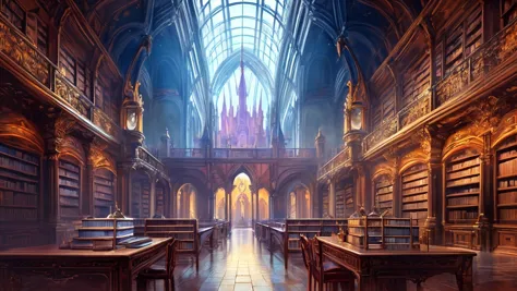 a profestional picutre of Arcane Academy: A grand magical institution with towering spires and floating platforms. The library i...