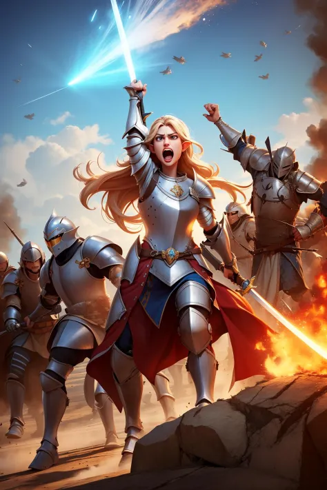 masterpiece,best quality,Angry, Elven, Female, Knight, Armor, Battlefield, Screaming, Battlecry, Warrior, Sword, Shield, Combat, Conflict, Rage, Fury, Intense, Powerful, Fierce, Determined, Resolute, Fearless, Aggressive, Tenacious, Commanding, Dominant, F...