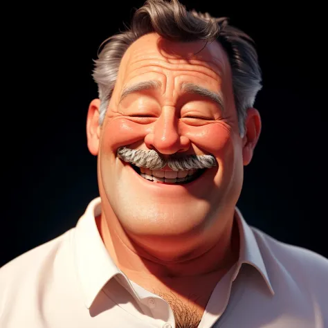 masterpiece, best quality,a middle age man with a mustache and a white shirt is laughing , eye closed, black background