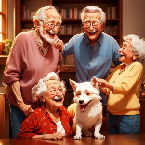 masterpiece, best quality, old man ,old women,pets,  laughing, toothy expression