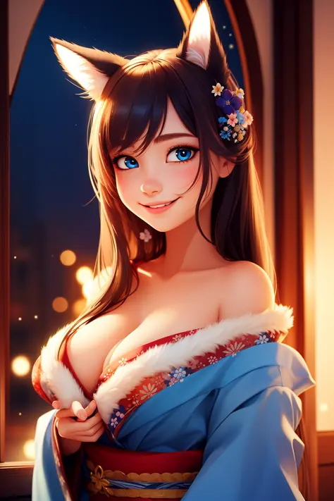 masterpiece, high quality best quality,1girl, animal_ears, kimono, bangs, blue_eyes, blurry, blurry_background, blush, breasts, cleavage, hair_between_eyes, large_breasts, lips, long_hair, looking_at_viewer, smile, solo, upper_body, window
