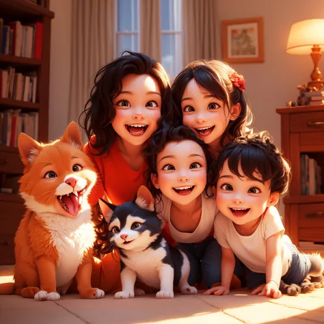 masterpiece, best quality, family,pets,  laughing, toothy expression