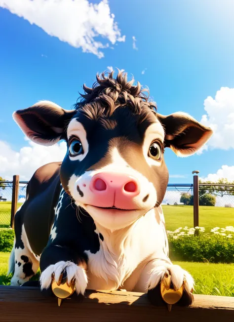 masterpiece, best quality,a close up of holstein friesian cow with a big smile on its face and a fence in the background with a sky and clouds