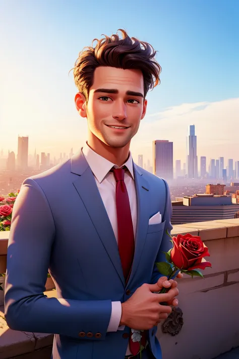 masterpiece, best quality,a handsome man in suits holding a rose, city background
