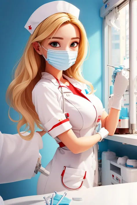 masterpiece, best quality, blonde Female nurse with a surgical mask putting on gloves at hospital, white nurse outfit