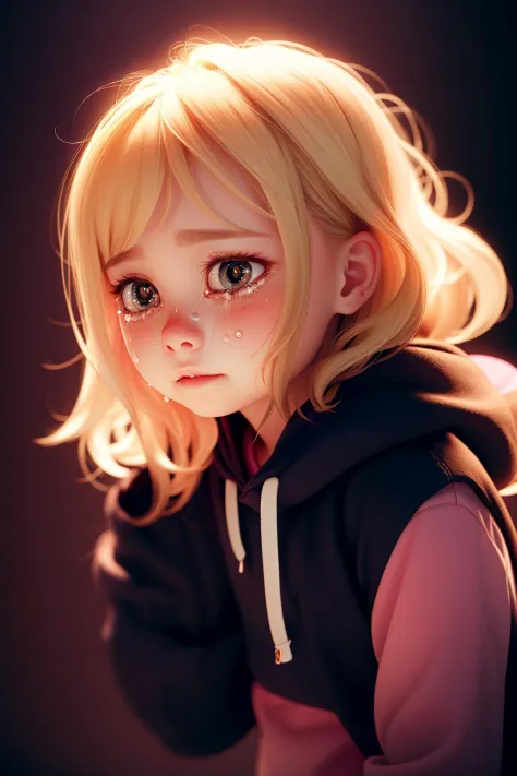 masterpiece, best quality,a sad blonde little girl with blonde hair crying with tears wearing pink hoodie, black background