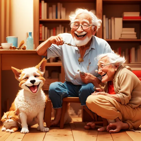 masterpiece, best quality, old man ,old women,pets,  laughing, toothy expression