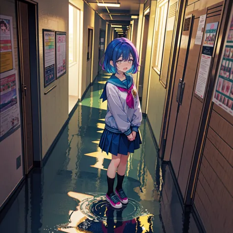 (dash styled rainbow),yellow theme,green theme,a girl standing at school hallway,classroom,hallway,school,reflection hallway floor,from above,
1girl,(full body:1.2),facing to the side,
looking at viewer,blush,hair over one eye,long bangs,short hair,straight hair,black hair,brown eyes,trembling,steaming body,sobbing,open mouth,streaming tears,tears,frown,arms at sides,
<lora:LCM-LoRA_sd15:1>,
<lora:detail_slider_v4:2>,
<lora:colorize:0.5>,
<lora:zoom_slider_v1:-5>,