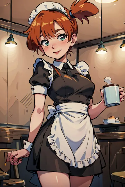 ((masterpiece,best quality)), absurdres, (maid outfit:1, maid headdress, skirt, white apron), 
Misty_Pokemon, side ponytail,   
solo, smiling, blushing, looking at viewer, cowboy shot, 
cinematic composition, contrapposto, 
café, cup of coffee,