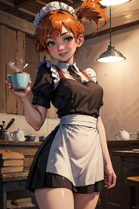 ((masterpiece,best quality)), absurdres, (maid outfit:1, maid headdress, skirt, white apron), 
Misty_Pokemon, side ponytail,   
solo, smiling, blushing, looking at viewer, cowboy shot, 
cinematic composition, contrapposto, 
café, cup of coffee,