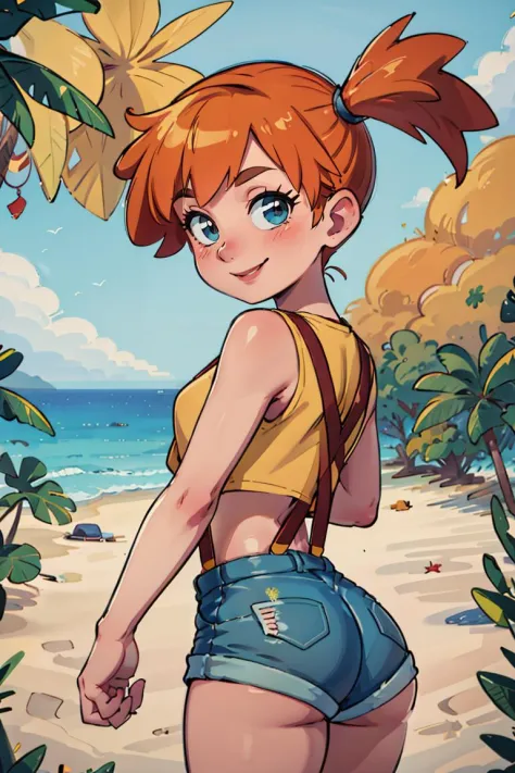((masterpiece,best quality)), absurdres,
<lora:Misty_Pokemon_v2_Anime:0.8>, Misty_Pokemon, yellow crop top, suspenders, side ponytail, orange hair, denim shorts, 
solo, smiling, blushing, looking at viewer, cowboy shot, from behind, 
cinematic composition,...