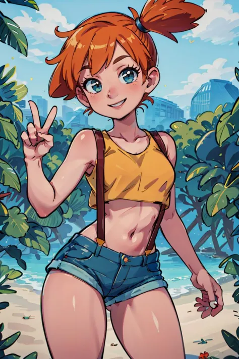 ((masterpiece,best quality)), absurdres,
<lora:Misty_Pokemon_v2_Anime:0.8>, Misty_Pokemon, yellow crop top, suspenders, side ponytail, orange hair, denim shorts, 
solo, smiling, looking at viewer, cowboy shot,
cinematic composition, contrapposto, peace sig...