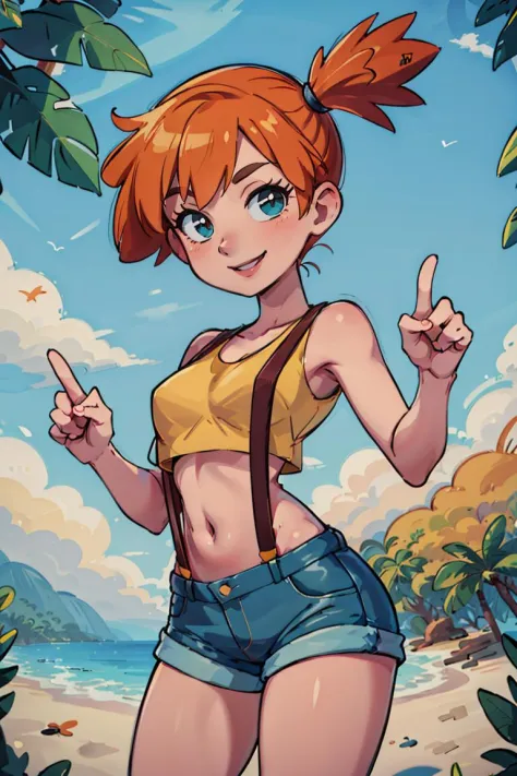 ((masterpiece,best quality)), absurdres,
<lora:Misty_Pokemon_v2_Anime:0.8>, Misty_Pokemon, yellow crop top, suspenders, side ponytail, orange hair, denim shorts, 
solo, smiling, looking at viewer, cowboy shot,
cinematic composition, contrapposto, peace sig...