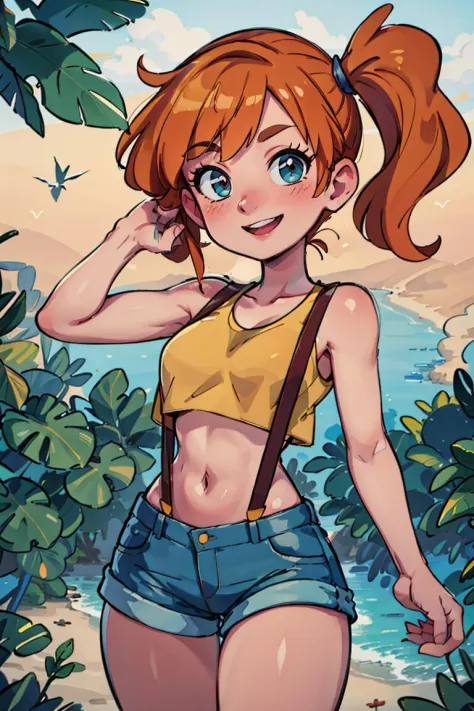 ((masterpiece,best quality)), absurdres,
<lora:Misty_Pokemon_v2_Anime:0.8>, Misty_Pokemon, yellow crop top, suspenders, side ponytail, orange hair, denim shorts, 
solo, smiling, blushing, looking at viewer, cowboy shot, , 
cinematic composition, contrappos...