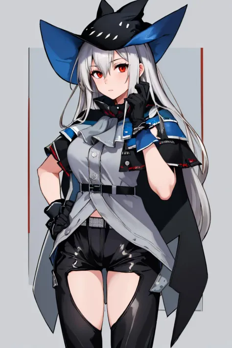 (masterpiece, best quality:1.2), solo, 1girl, skadidef, expressionless, looking at viewer, hat, grey shirt, ascot, black capelet, gloves, black pants, clothing cutout, thigh cutout, belt 