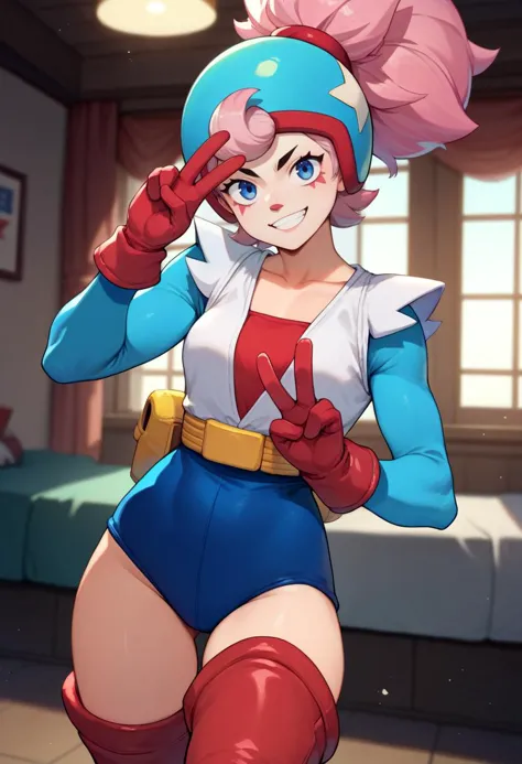 score_9, score_8_up, score_7_up, source_anime, solo, 1girl, bsjanet, smile, looking at viewer, peace sign, ponytail, helmet, multicolored clothes, blue leotard, long sleeves, red gloves, thigh boots, indoors, circus <lora:brawlstars_janet_ponyXL:1>