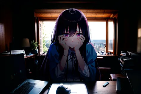 anime girl with glasses sitting at a desk with a laptop